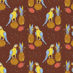 Vector seamless pattern with ara and exotic fruits. Design with parrot, pineapple, dragon fruit and coconut.