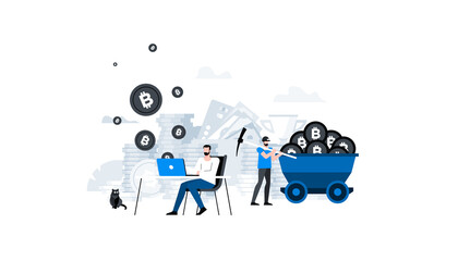 Flat vector illustration. Animation ready duik friendly vector. Conceptual business story. Cryptocurrency exchange, blockchain technology, bitcoin, cryptocurrency mining, digital money market.
