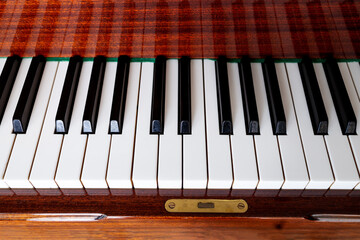 Close-up, piano keys, top view, flat lay. Background, cover for poster or banner