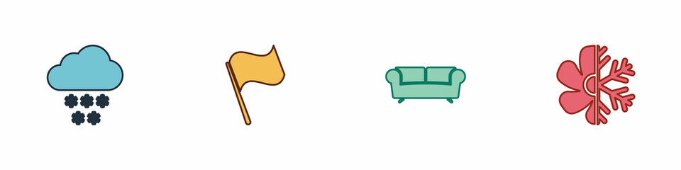 Set Cloud with snow, Flag, Sofa and Air conditioner icon. Vector