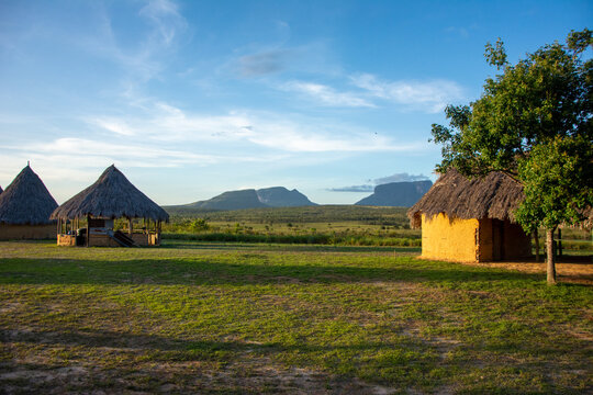Indigenous dwellings of the Bolivar State. National park Canaima. Pemona houses. Palm roofs. Guayanes Massif.