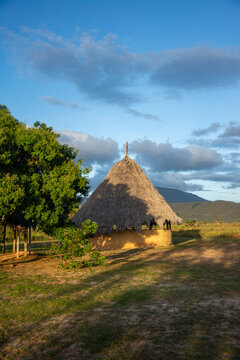 Indigenous dwellings of the Bolivar State. National park Canaima. Pemona houses. Palm roofs. Guayanes Massif.