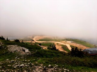 Mountain Jahorina landscape with fog and meadows, Bosnia and Herzegovina
