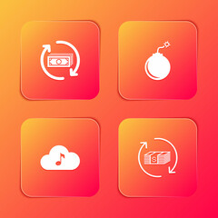 Set Refund money, Bomb ready to explode, Music streaming service and icon. Vector
