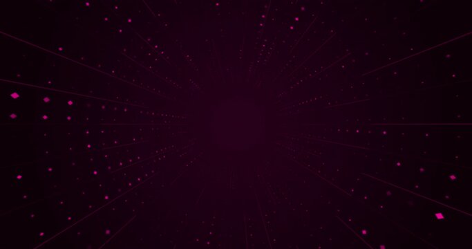 4k Abstract cyber purple red tunnel with sparkle diamonds. Festive maroon tunnel for text logo place in center. Cyberpunk magic amazing background. Lines dots squares. New Year 2023 design. Looped BG