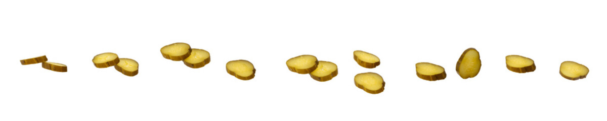 Marinated pickled cucumber slices isolated on white background with clipping path and full depth of field. Top view. Flat lay