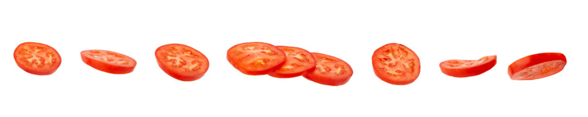 Tomato slice top view isolate. Tomato on white background. Set of round tomato slices. With...