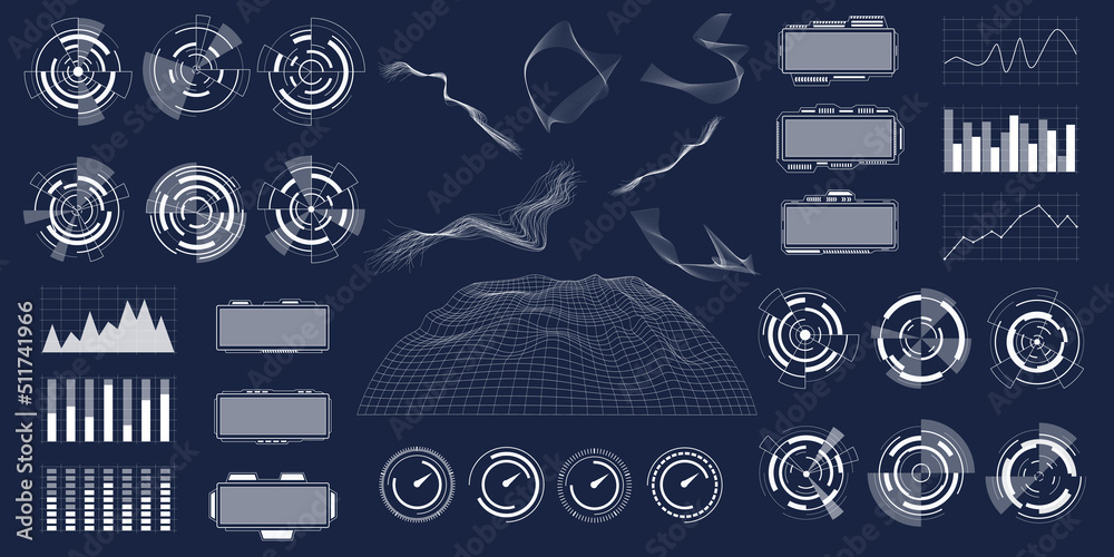 Poster HUD. Cyberpunk interface elements set. Techno, futuristic and scifi digital game. Box border with chart and dashboard. Circle or square cyber frame with arrow. Vector graphic background