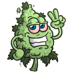 A happy, stoned marijuana bud cartoon character flashing a peace sign  - obrazy, fototapety, plakaty