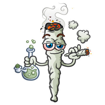 A happy, stoned marijuana joint cartoon character holding a water bong