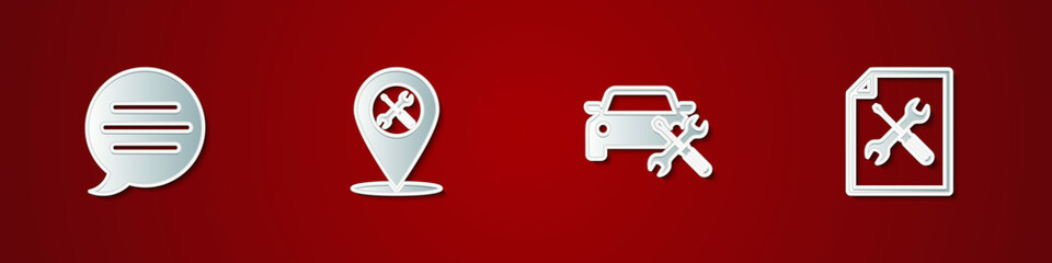 Set Speech bubble chat, Location service, Car and File document icon. Vector