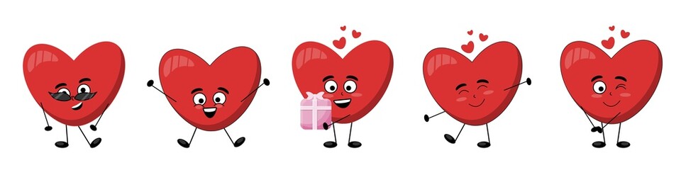 set of happy red hearts, character with expression of feelings of love, kindness, give a gift, hug