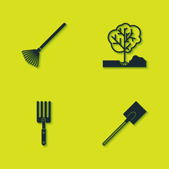 Set Garden rake for leaves, shovel, fork and Planting tree in the ground icon. Vector