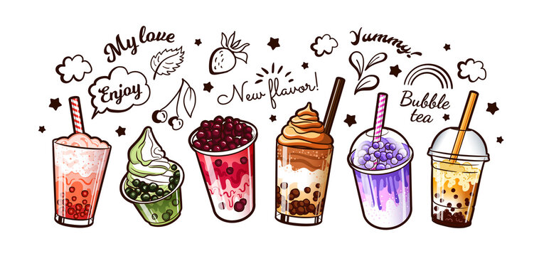 Bubble tea, coffee drink. Doodle cup of ice milk, milkshake with fruits, cartoon beverages, cute cafe menu, dessert with tapioca balls ad, cold summer chocolate. Vector fashion background