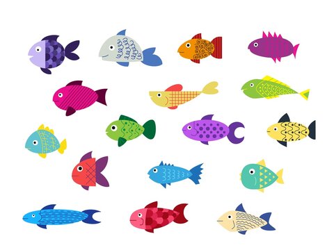 Cute fish. Sea animal characters swim in bubble water, happy tropical summer print. Caribbean reef water fauna, isolated decor elements. Underwater aquarium inhabitant. Vector cartoon drawing