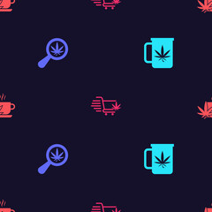 Set Cup tea with marijuana, Magnifying glass and, Shopping cart and on seamless pattern. Vector