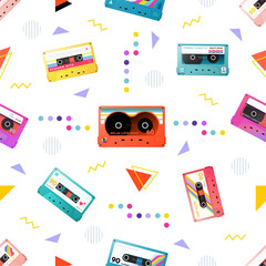 Retro 80s funky cassette. Seamless pattern. 70s music tape, vintage pop art and graphic print, audio fun mix. Decor textile, wrapping paper and trendy hipster wallpaper. Vintage vector print