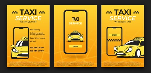 Taxi poster. Car race service flyer or sport banner layout. Delivery ad promotion. Order automobile app. Cab drive brochures set. Smartphone application. Vector design yellow template
