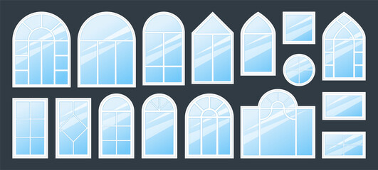 Glass window icons. Double modern hung and arch design with awning, single architecture exterior decoration, wooden casement. Modern home interior. Construction element vector flat set