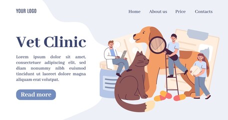 Vet landing page. Veterinary clinic banner with doctor and pet. Medicine treatment. Medical specialists examining cats and dogs health. Vector website template for veterinarian hospital