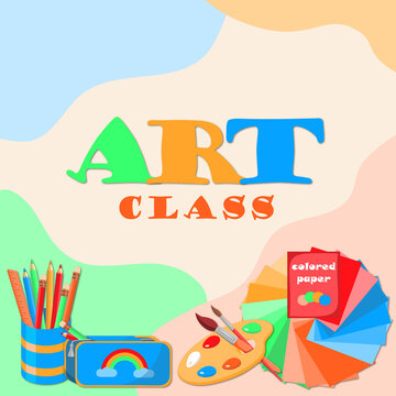 Poster for Creative Classroom. Children's art craft, education, drawing and art. Vector banner, poster, backdrop showing stationery and materials for creativity.