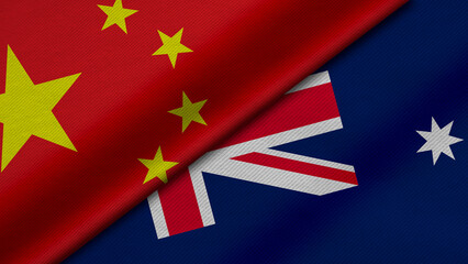 3D Rendering of two flags from China and Commonwealth of Australia with fabric texture, bilateral relations, peace and conflict between countries, great for background