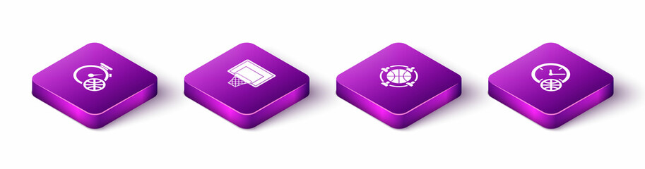 Set Isometric Stopwatch with basketball ball, Basketball backboard, Planning strategy and Clock icon. Vector