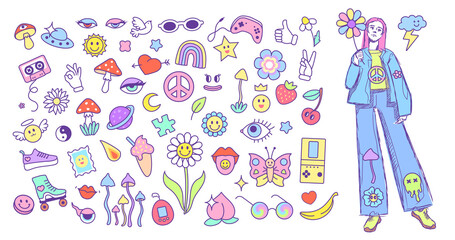Stickers and teenage girl, hippies vibe style. Set of retro illustrations in 70s, 80s, 90s style isolated on white background
