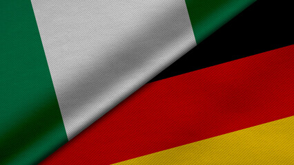 Fototapeta premium 3D rendering of two flags of Republic of Nigeria and Republic of Germany together with fabric texture, bilateral relations, peace and conflict between countries, great for background