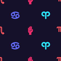Set Aries zodiac, Cancer, Palmistry of the hand and Scorpio on seamless pattern. Vector