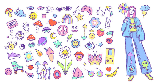 Stickers and teenage girl, hippies vibe style. Set of retro illustrations in 70s, 80s, 90s style isolated on white background