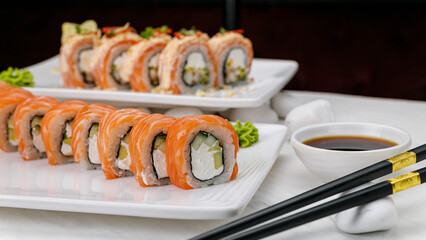 Japanese cuisine. Rolls with salmon on a white table.
