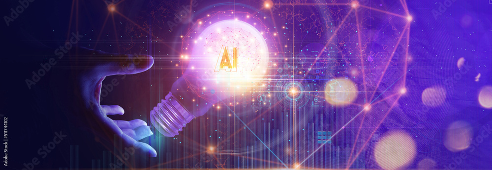 Poster businessman hand showing light bulb and brain network with ai business and technology, innovative in