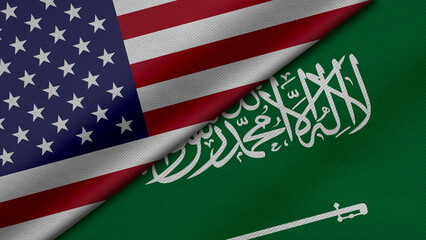 3D Rendering of two flags from United States of America and Saudi Arabia together with fabric texture, bilateral relations, peace and conflict between countries, great for background