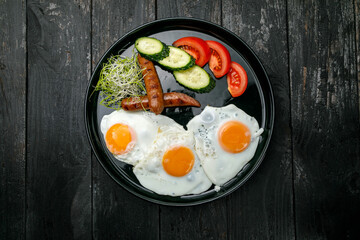 European cuisine. breakfast at the hotel on a wooden table
