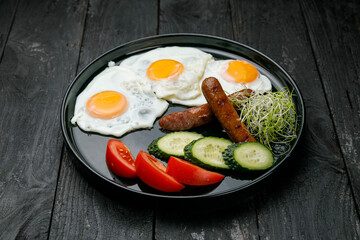 European cuisine. breakfast at the hotel on a wooden table
