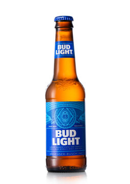 LONDON,UK - MAY 11, 2022: Bud light lager beer in glass bottle on white background.