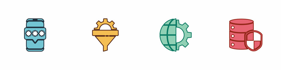 Set Mobile and password, Sales funnel with gear, Globe of the Earth and Server shield icon. Vector