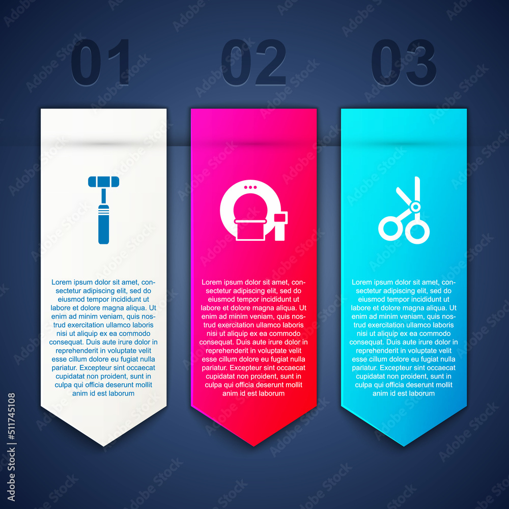 Wall mural set neurology reflex hammer, tomography and medical scissors. business infographic template. vector