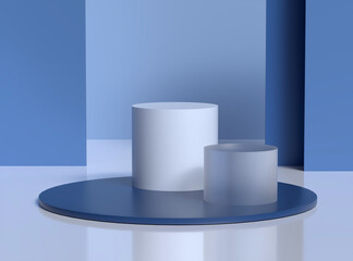 3d blue cylinder and glass podium with geometric shape for product on blue background.