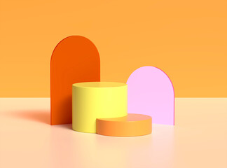 Geometry blank podium pastel cosmetic stands with colorful arch objects. 3d illustration.