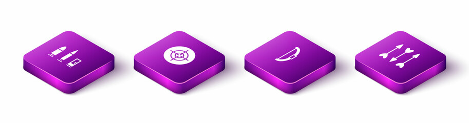 Set Isometric Bullet and cartridge, Target sport, Bow and Hipster arrows icon. Vector