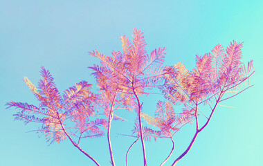 Single purple tree on clear blue sky background