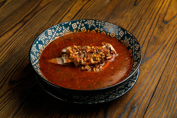 Georgian cuisine. Wonderful dishes on a wooden table

