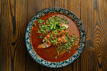 Georgian cuisine. Wonderful dishes on a wooden table

