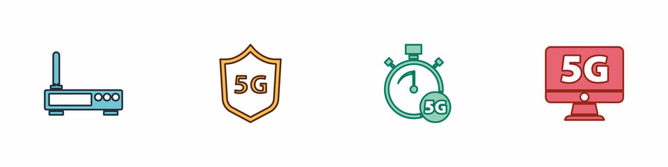 Set Router and wi-fi signal, Protective shield 5G, Digital speed meter and Monitor with network icon. Vector