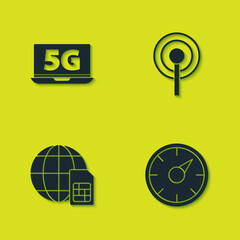 Set Laptop with 5G network, Digital speed meter, Globe Sim Card and Antenna icon. Vector