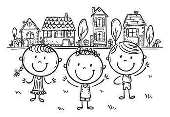 Outline cartoon children on city background