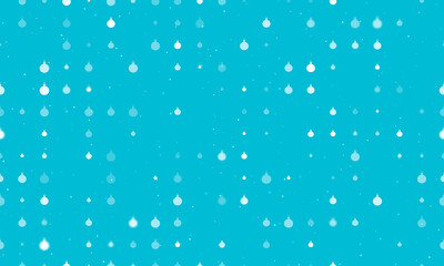 Seamless background pattern of evenly spaced white Christmas tree toys of different sizes and opacity. Vector illustration on cyan background with stars