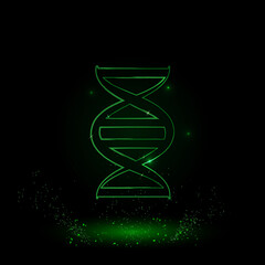 A large green outline dna symbol on the center. Green Neon style. Neon color with shiny stars. Vector illustration on black background
